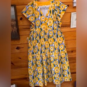 Entro Yellow and Blue Floral Midi Dress